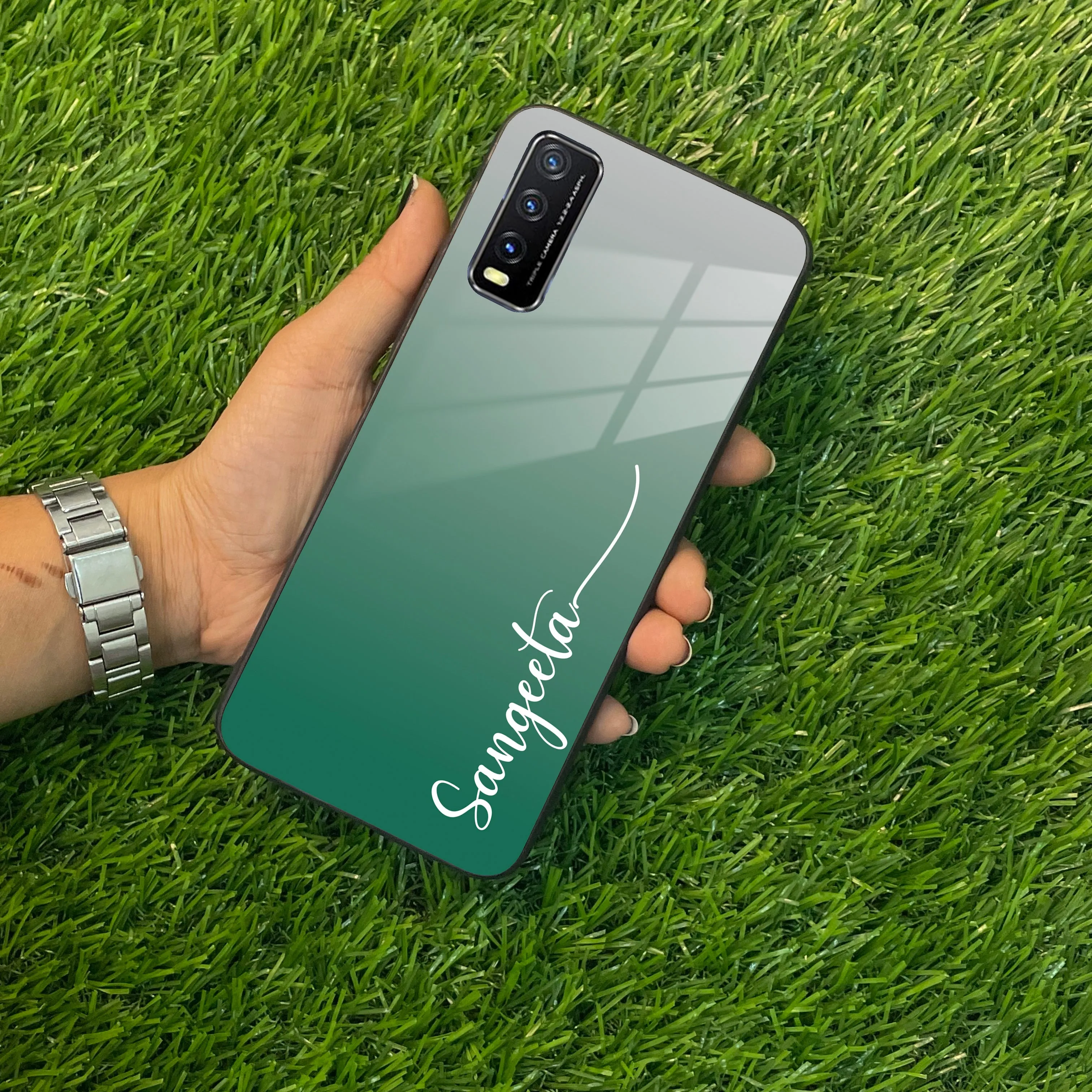 Customize Name Gradient Glass Case Cover Green For Vivo