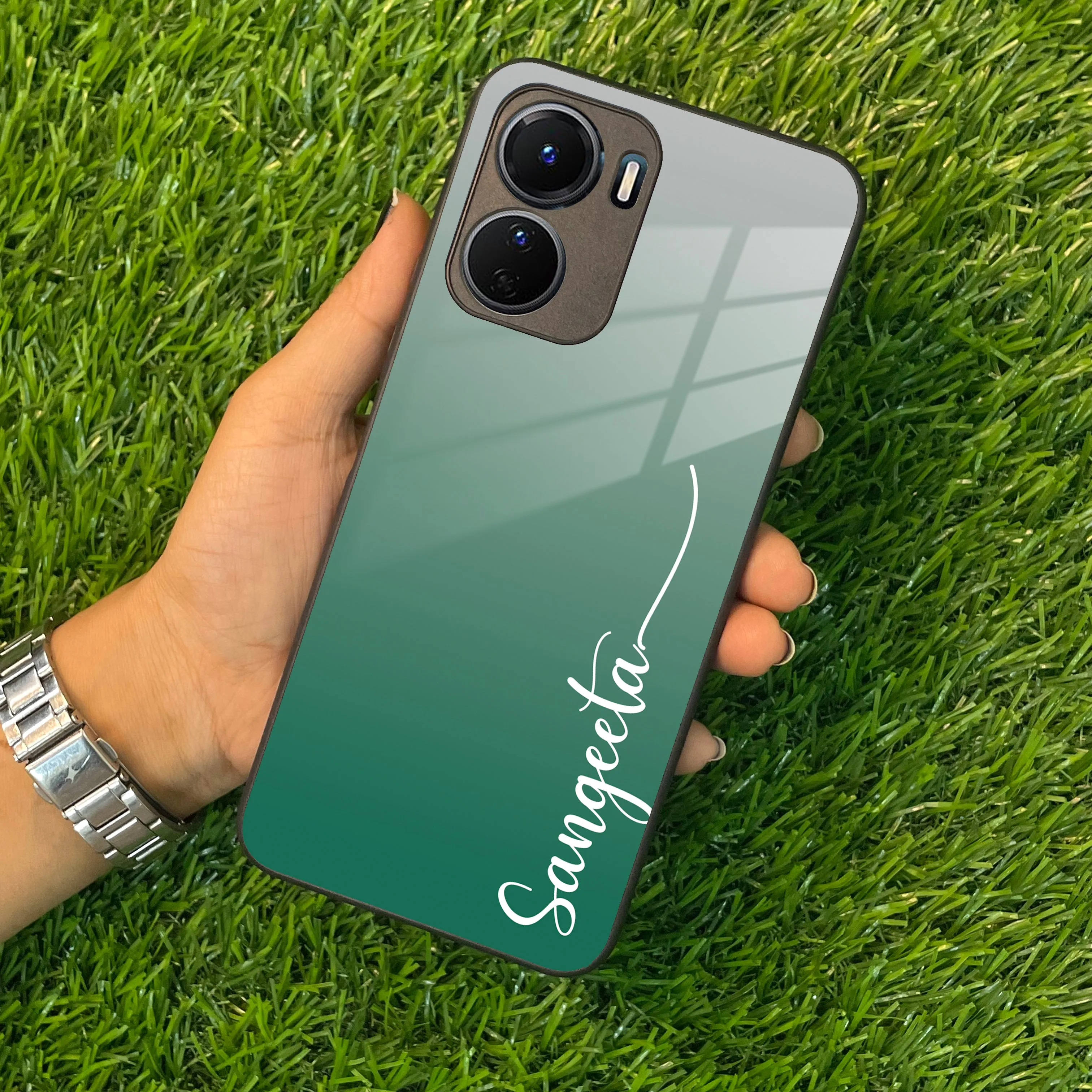 Customize Name Gradient Glass Case Cover Green For Vivo