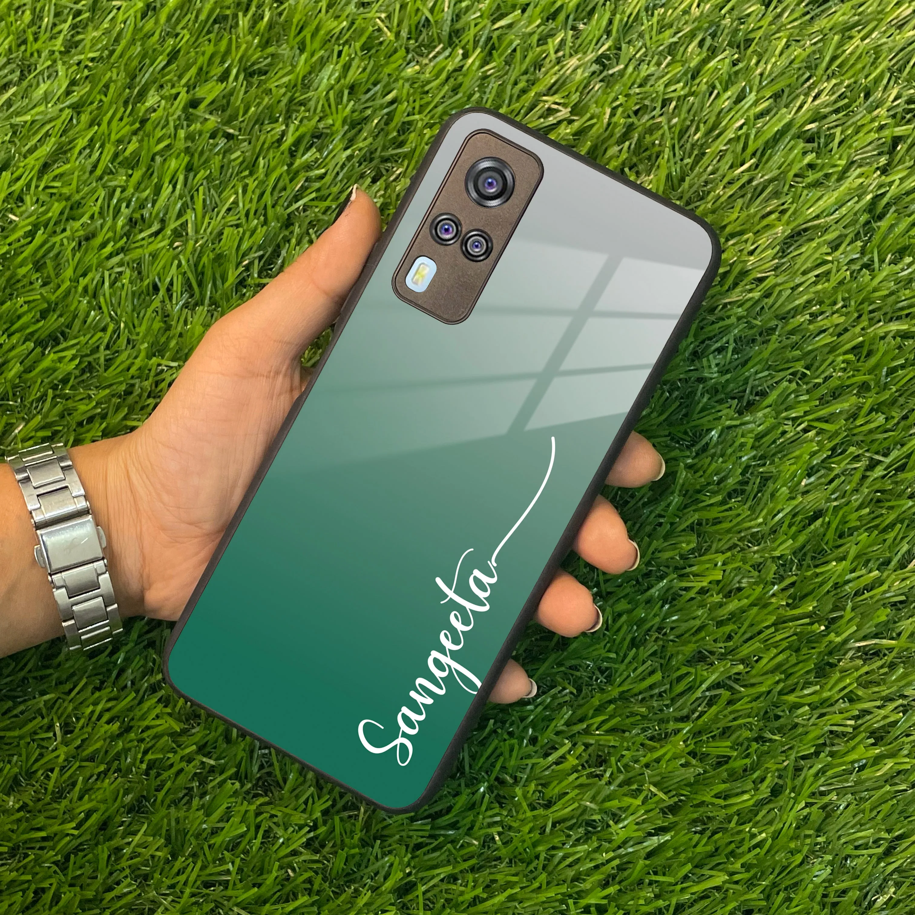 Customize Name Gradient Glass Case Cover Green For Vivo