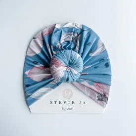 Dusty Blue Floral Bamboo Turban