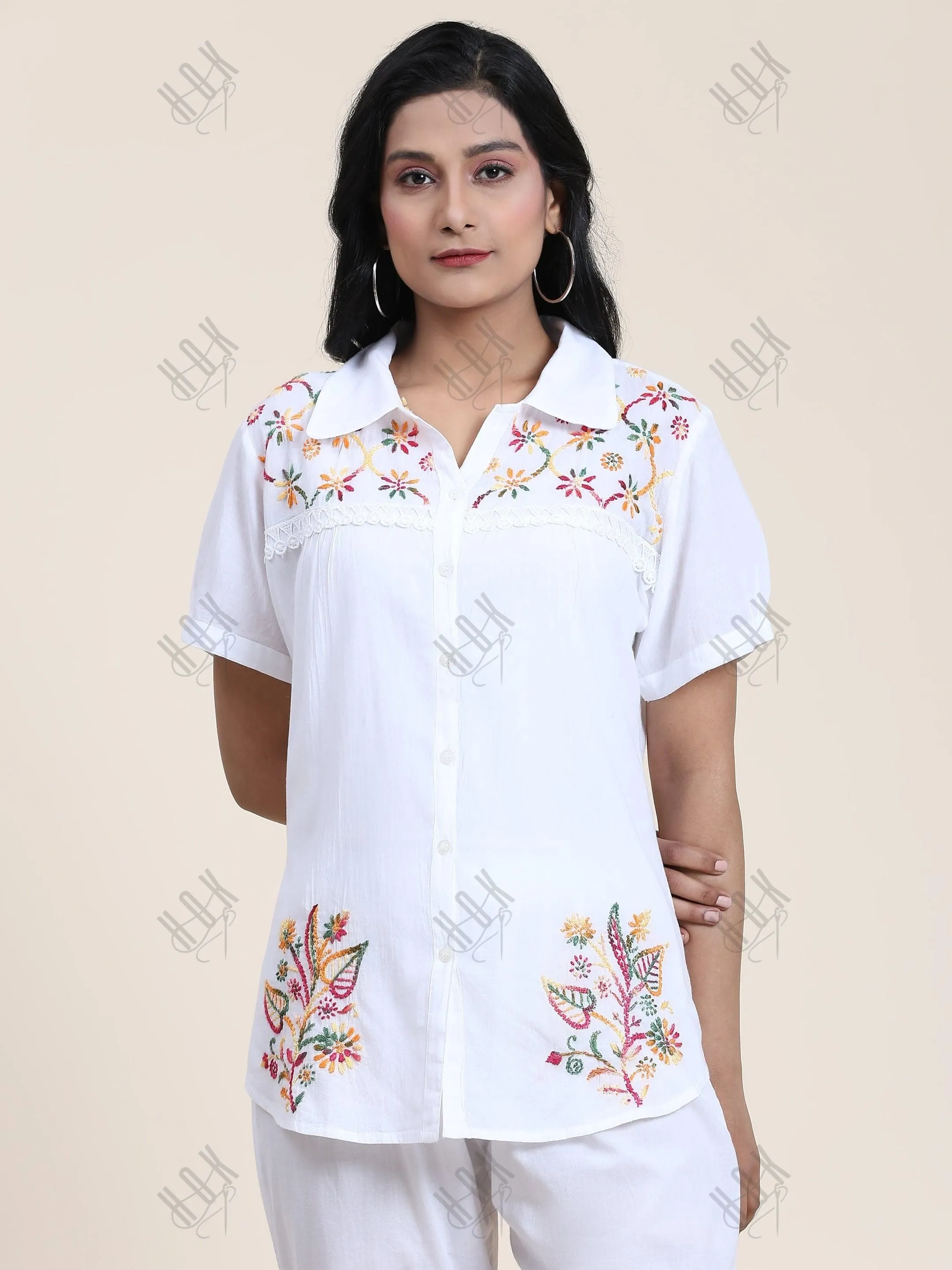 Hand embroidery Chikankari tunic-White With Multi