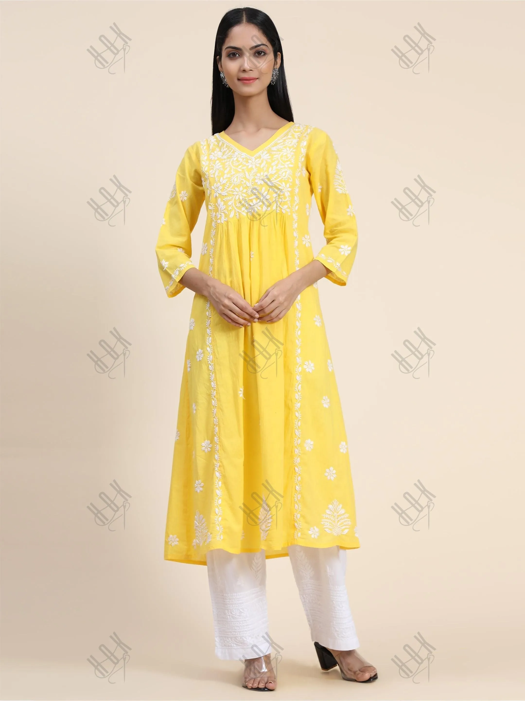 Hand embroidery Chikankari V Neck Anarkali Dress | Long Kurti in Cotton For Women