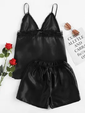 Lace Trim Bow Detail Satin Pajama Set