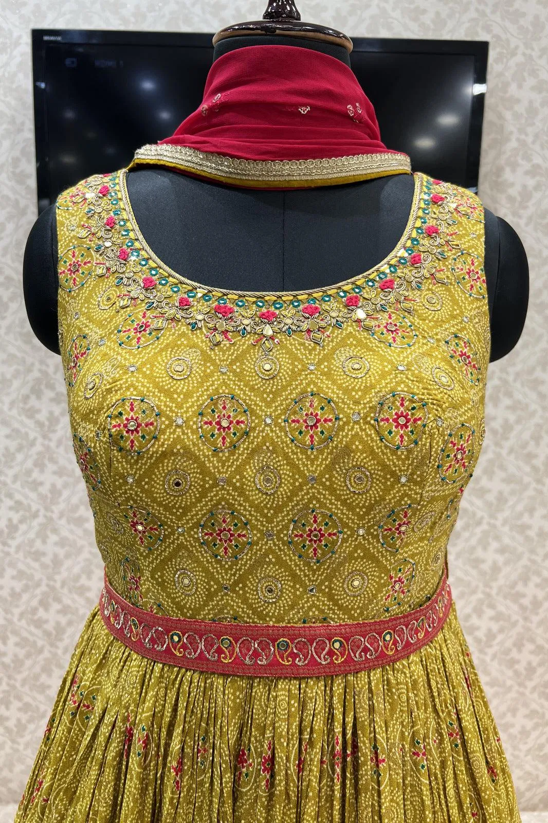 Mehendi Green Digital Print, Banaras, Mirror, Zardozi and Stone work Floor Length Anarkali Suit