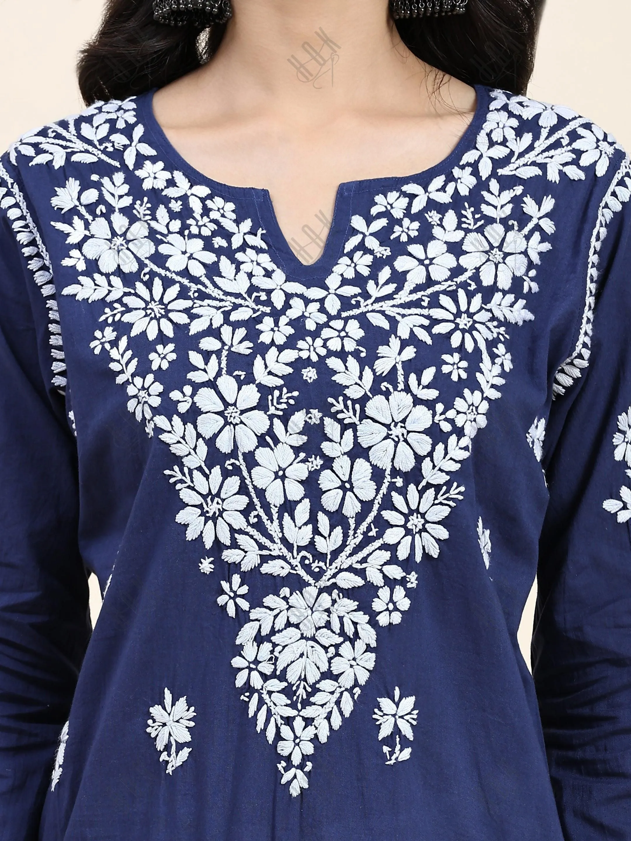 Samma Chikankari Long kurti In Cotton  for Women - Navy Blue With White