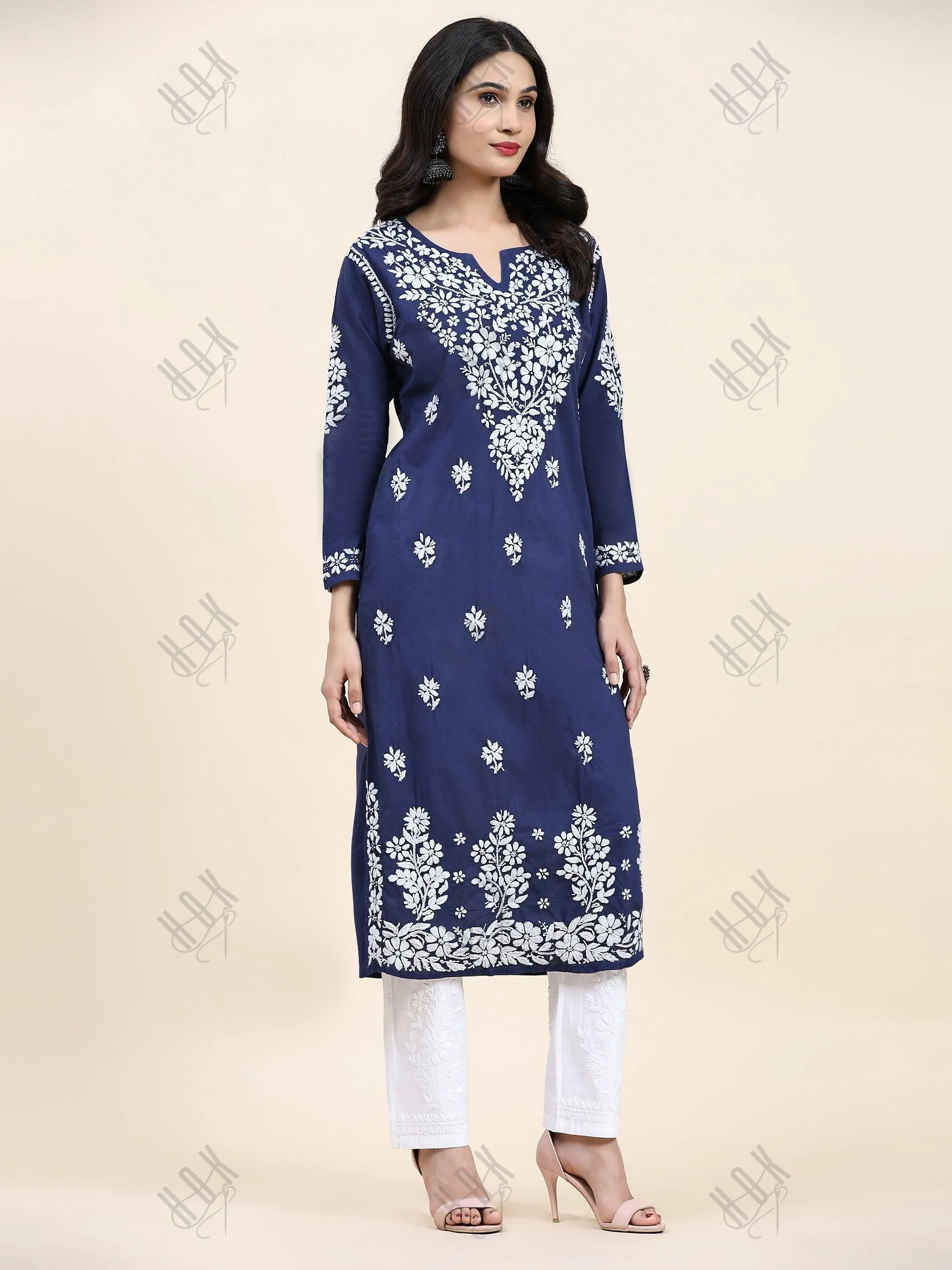 Samma Chikankari Long kurti In Cotton  for Women - Navy Blue With White