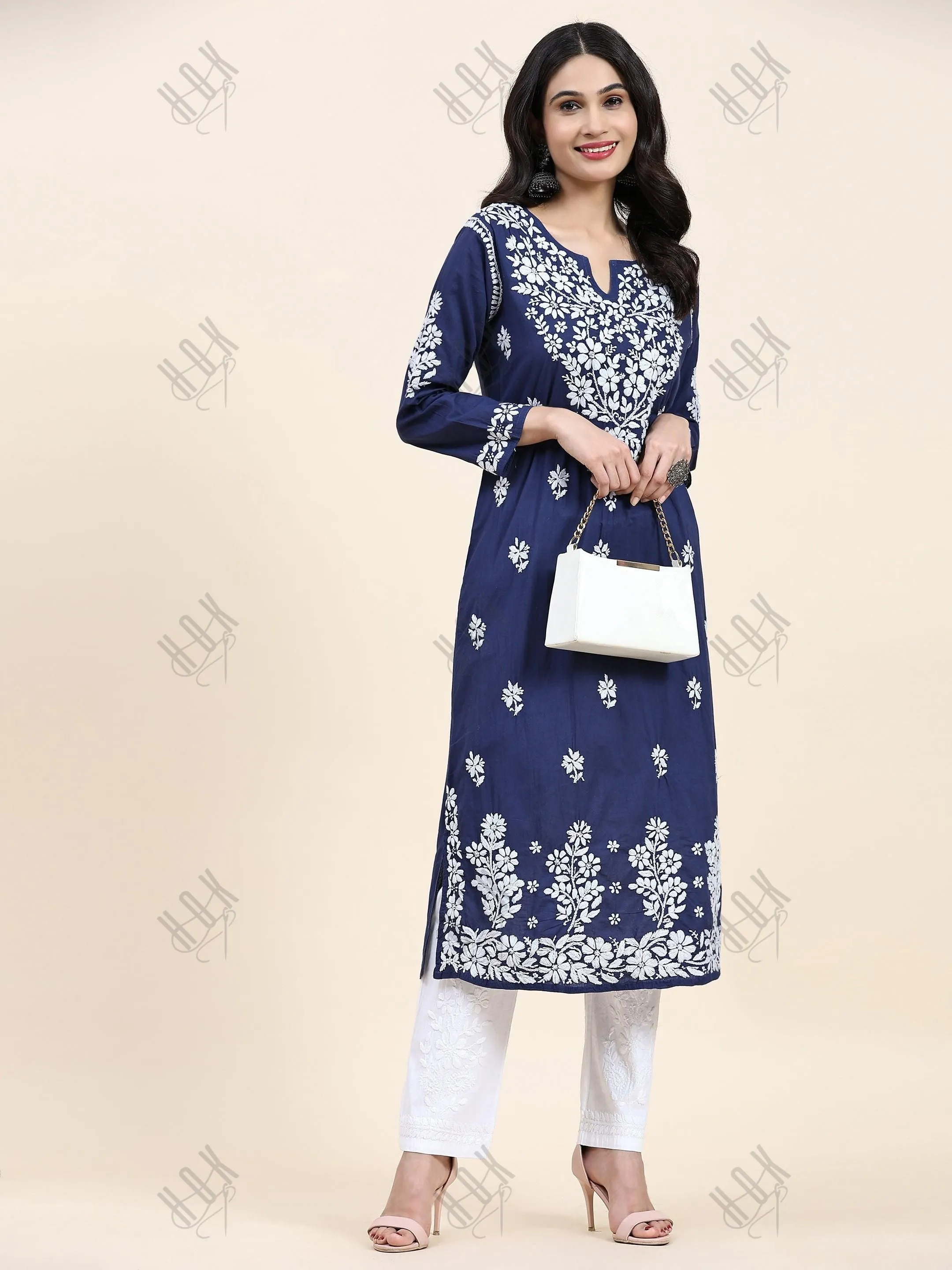 Samma Chikankari Long kurti In Cotton  for Women - Navy Blue With White