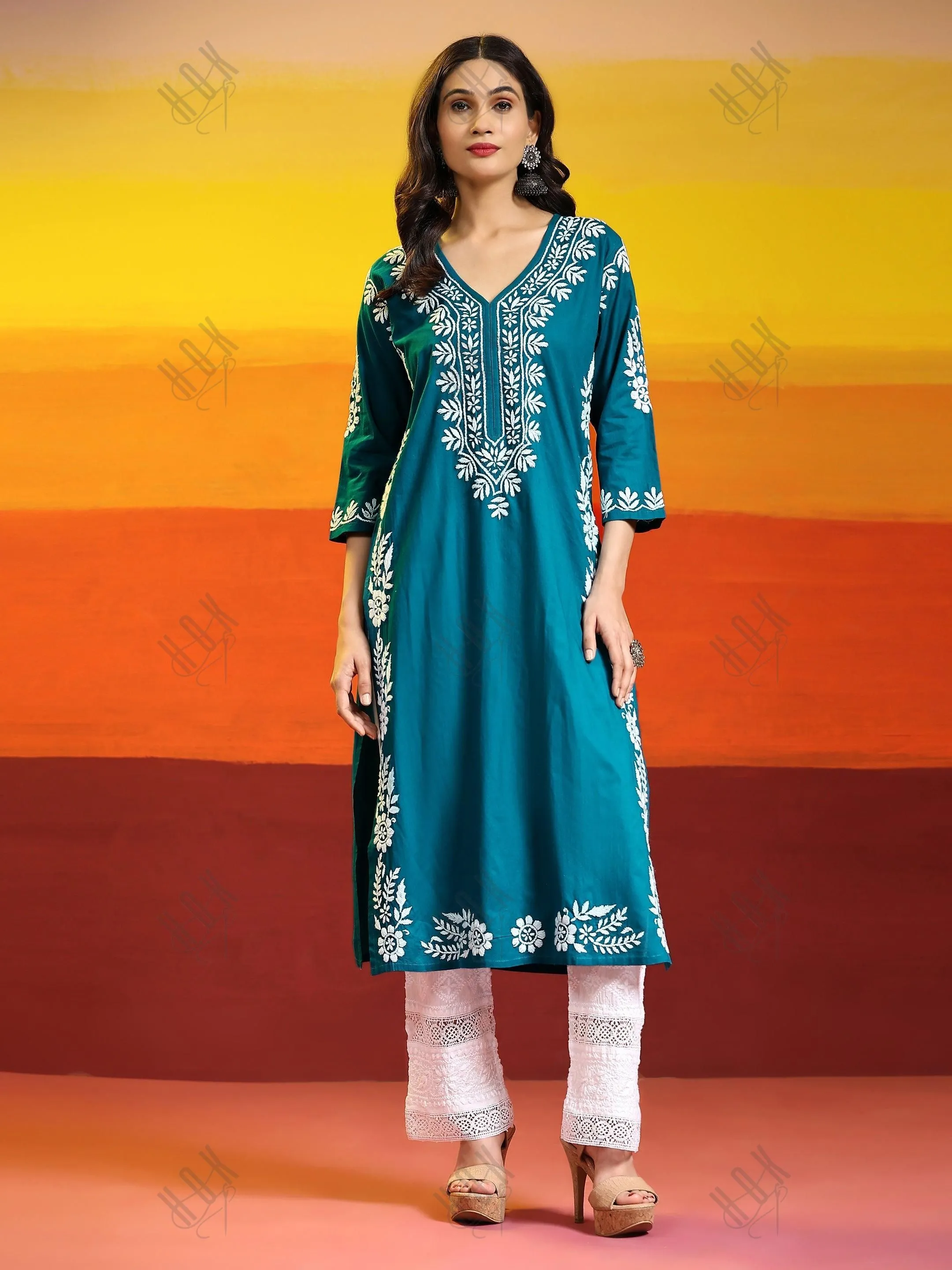 Sukriti in Charming Chikankari Long Cotton Kurta for Women - Turquoise Blue