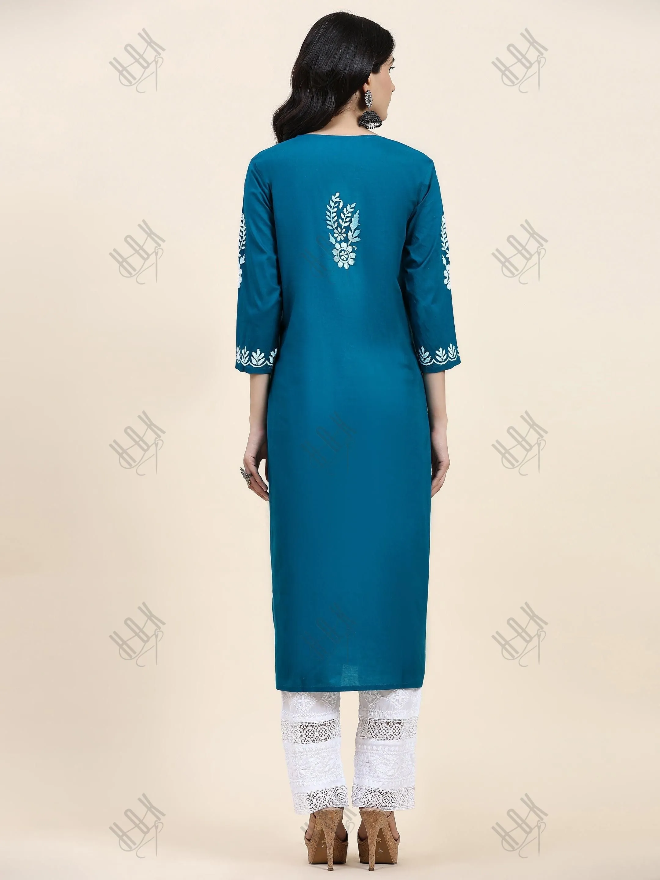 Sukriti in Charming Chikankari Long Cotton Kurta for Women - Turquoise Blue