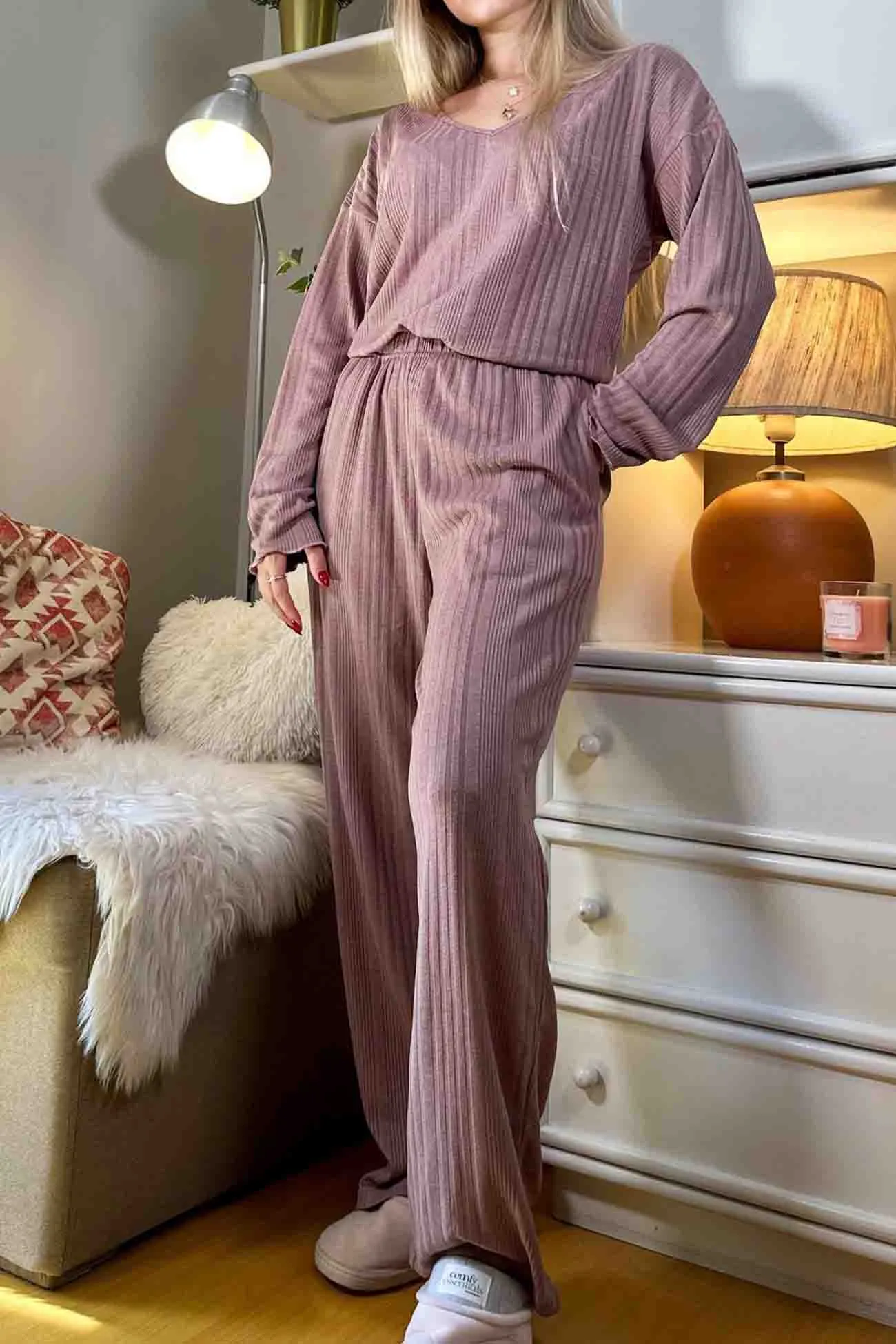V Neck Ribbed Long Sleeve Two-Piece Set